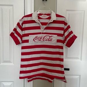 80s Coca Cola Red and White Rugby Striped Short Sleeve Shirt